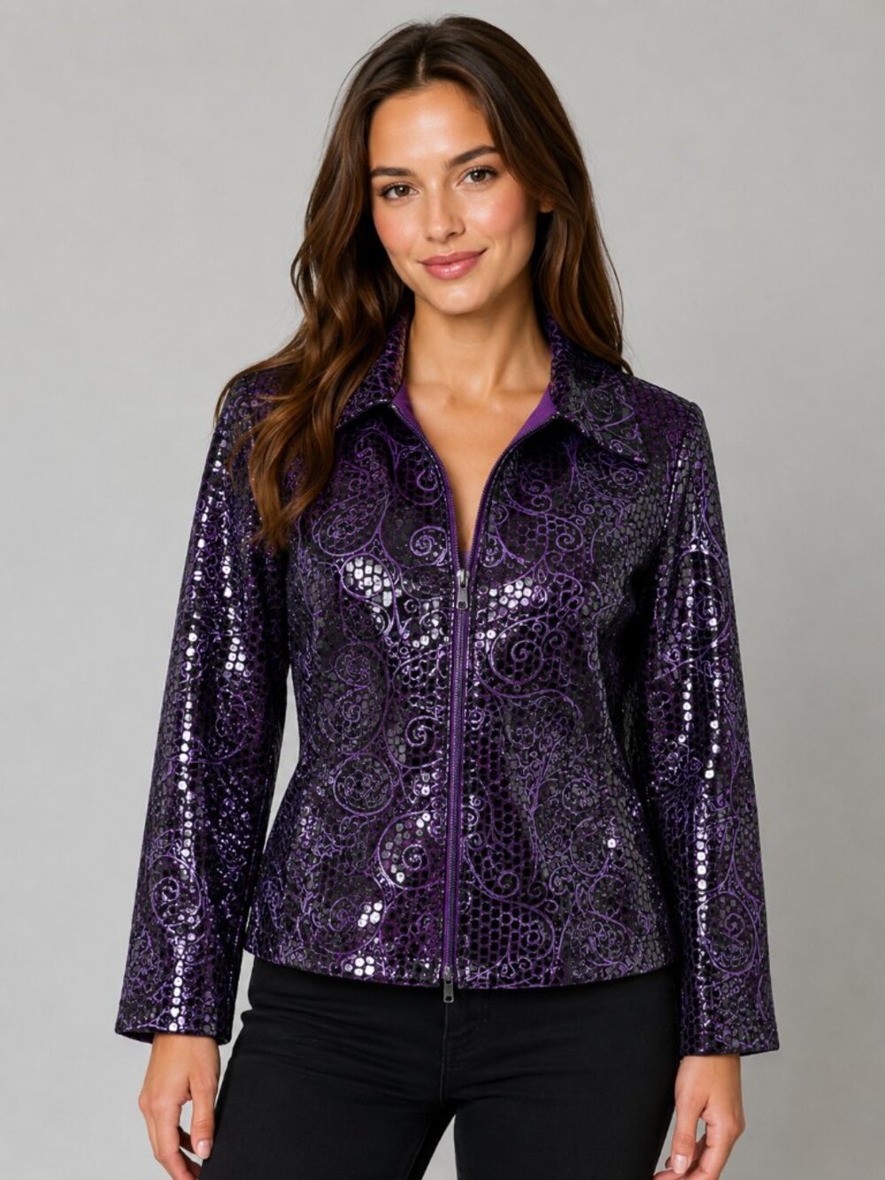 Joseph Ribkoff Designer Purple Paisley Sequin Zip Jacket Size 10 Vintage